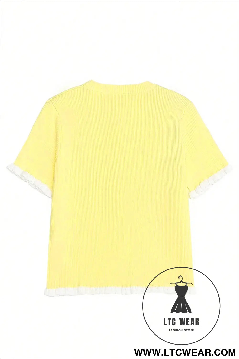 Yellow Cream Ribbed Knit Contrast Frilled Short Sleeve Sweater Cardigan - L.T.C Wear Online Fashion Store
