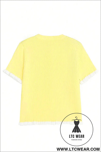 Yellow Cream Ribbed Knit Contrast Frilled Short Sleeve Sweater Cardigan - L.T.C Wear Online Fashion Store