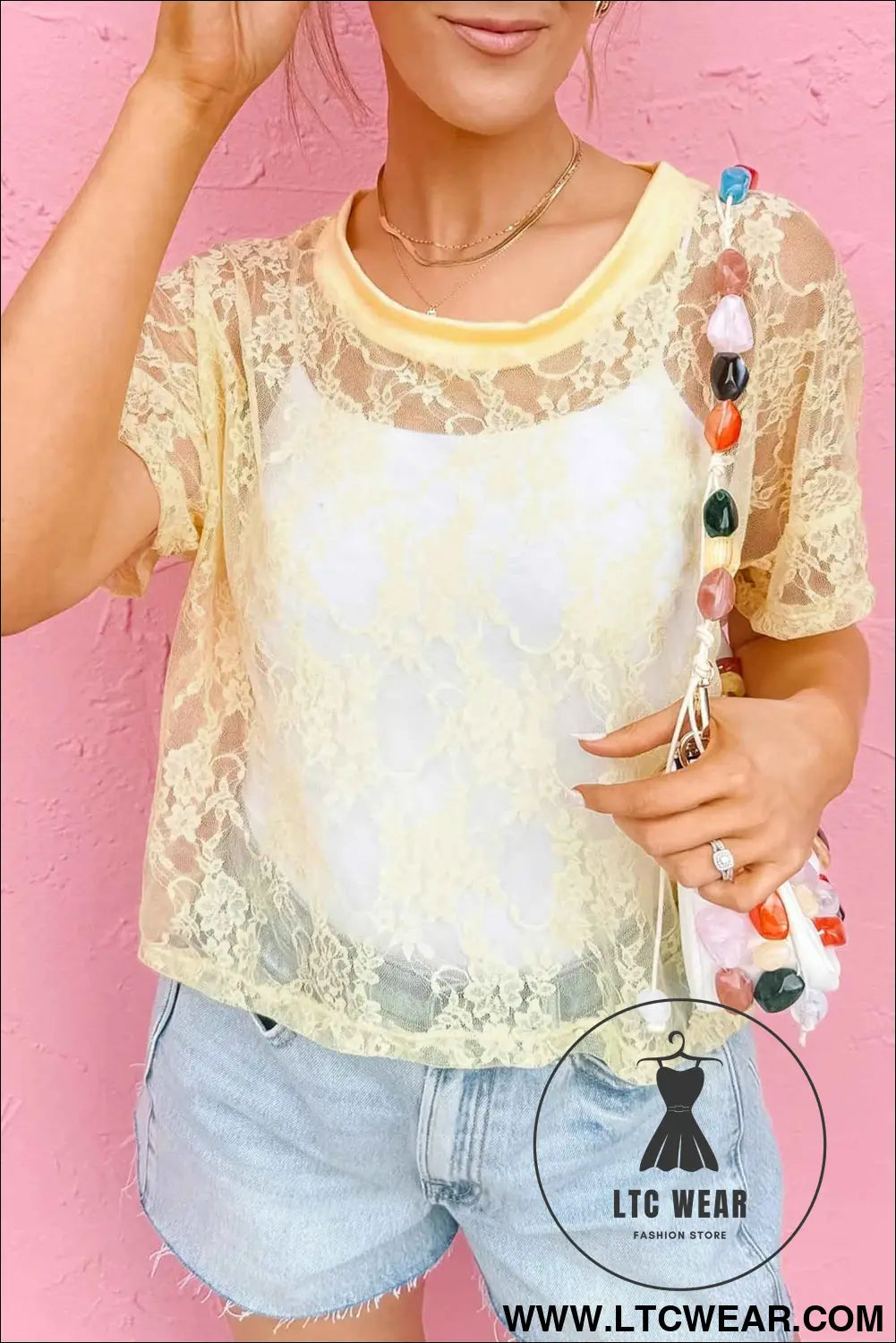 Yellow Cream Sheer Floral Lace Boxy Tee