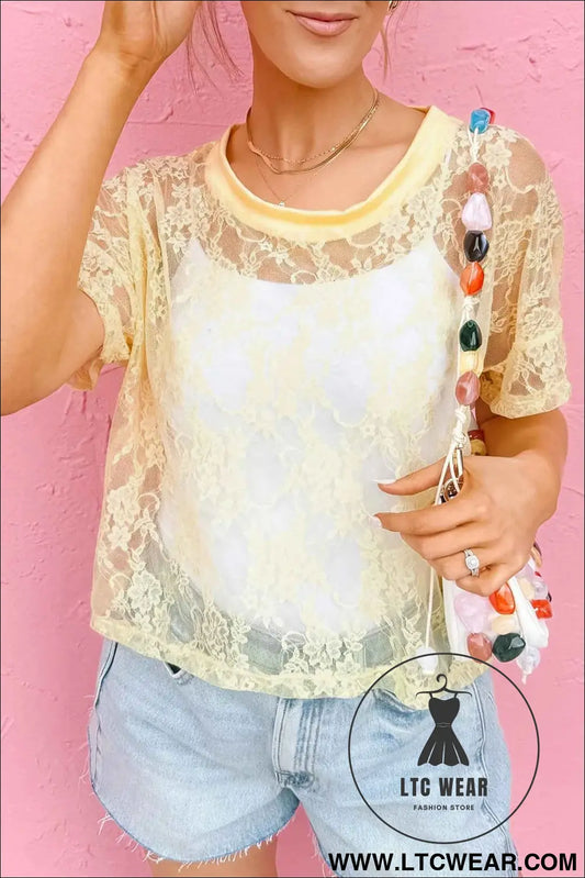 Yellow Cream Sheer Floral Lace Boxy Tee