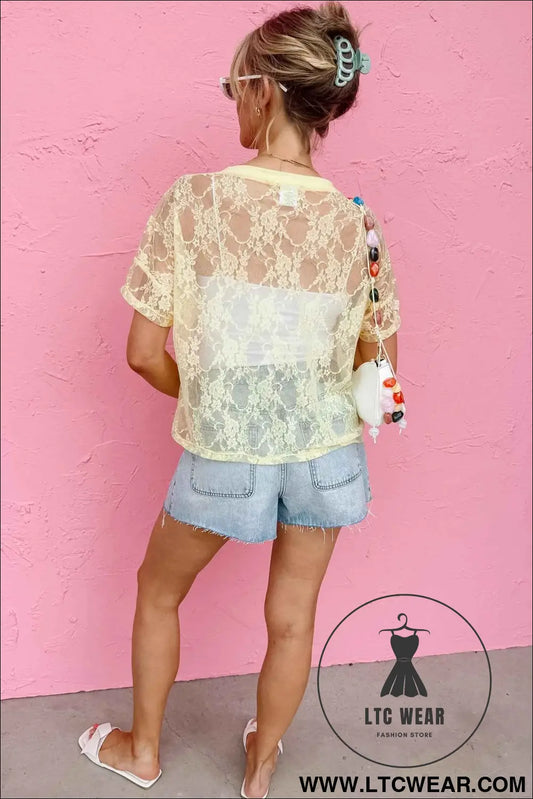Yellow Cream Sheer Floral Lace Boxy Tee