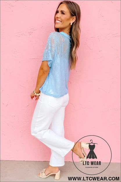 Yellow Cream Sheer Floral Lace Boxy Tee - L.T.C Wear Online Fashion Store