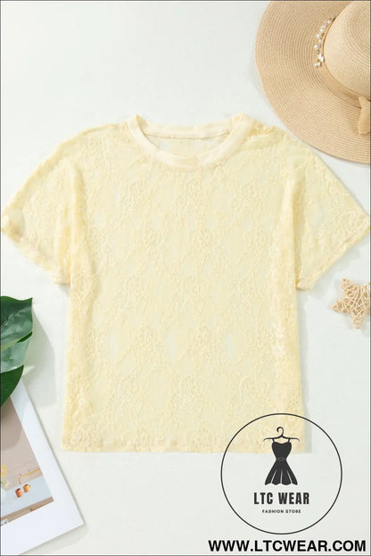Yellow Cream Sheer Floral Lace Boxy Tee - L.T.C Wear Online Fashion Store