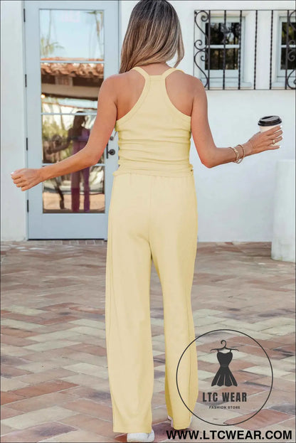 Yellow Cream Slim Ribbed Tank Top and Sweatpants Set