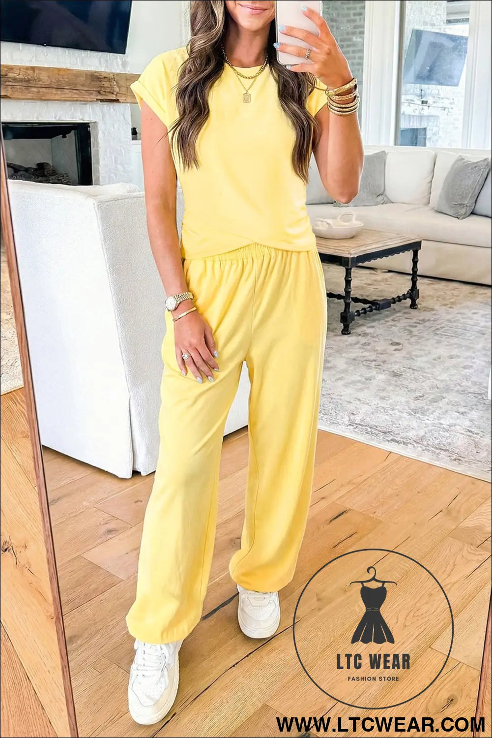 Yellow cream solid color cropped tank top and jogger pants set - yellow cream / l / 95% cotton + 5% elastane - pant sets
