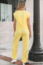 Yellow cream solid color cropped tank top and jogger pants set - pant sets