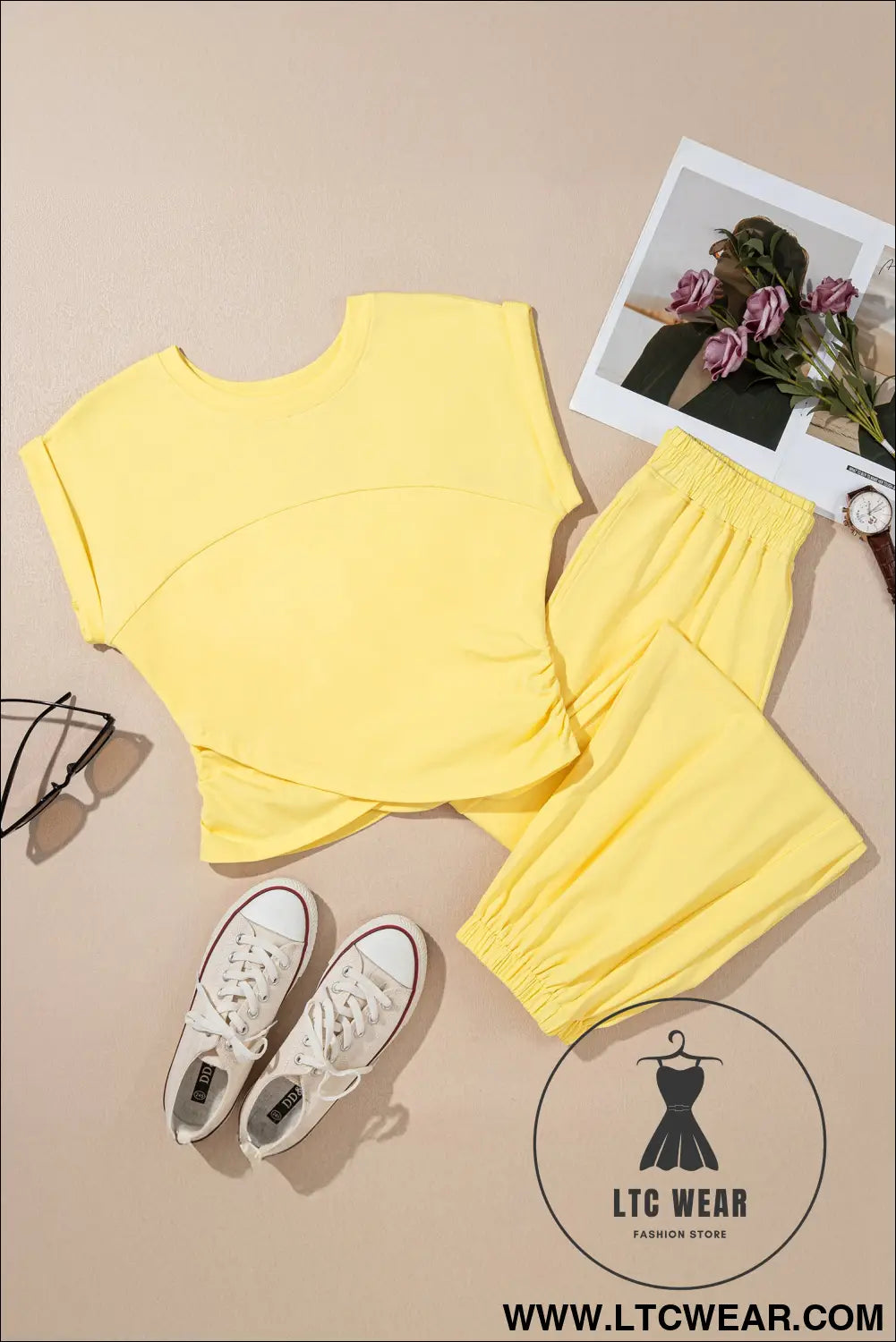 Yellow cream solid color cropped tank top and jogger pants set - pant sets