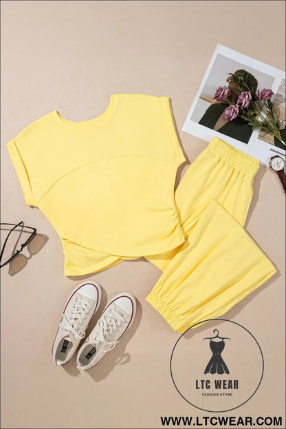 Yellow cream solid color cropped tank top and jogger pants set - pant sets