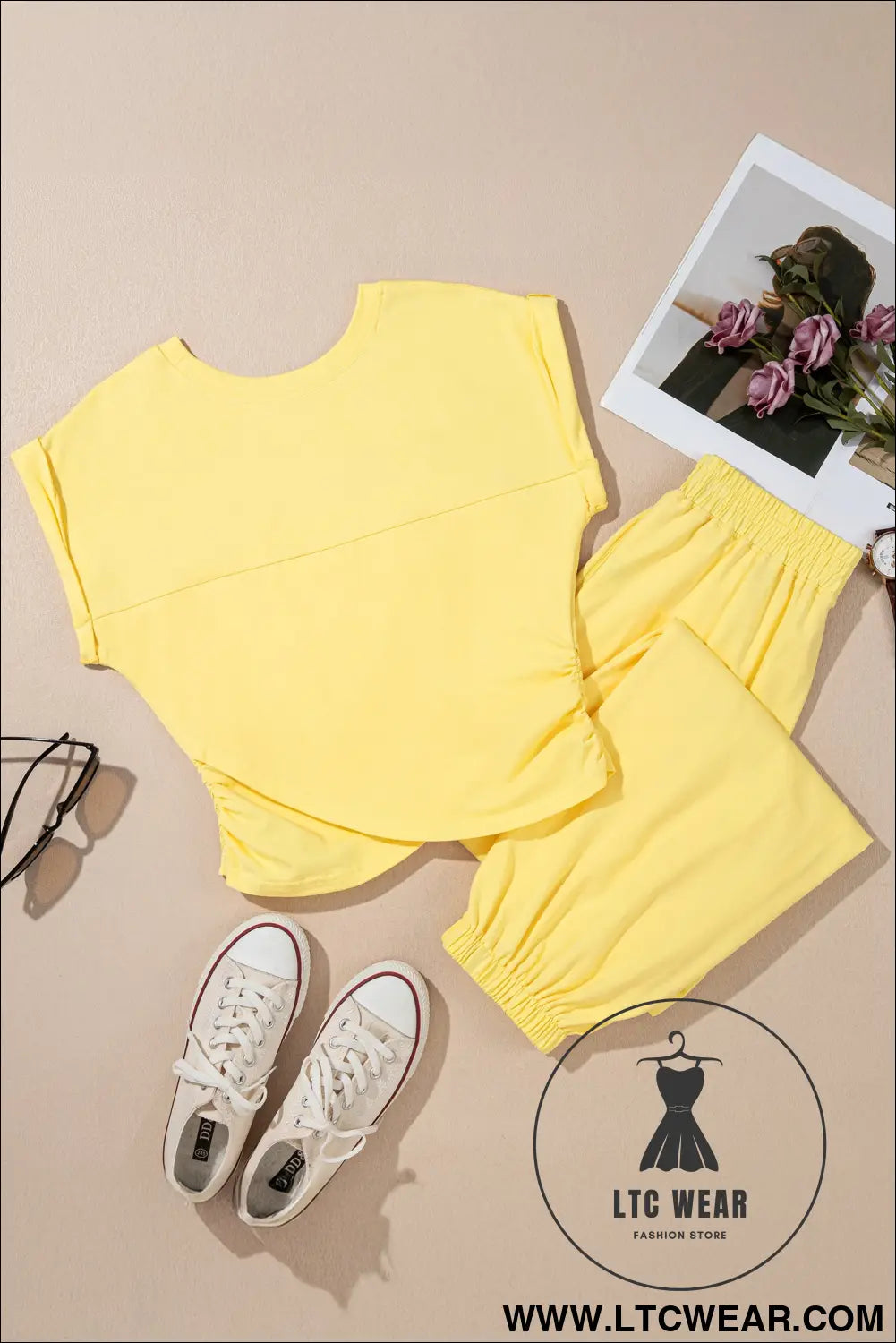 Yellow cream solid color cropped tank top and jogger pants set - pant sets