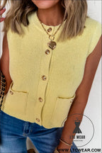 Yellow cream solid color sleeveless knit button pocketed sweater - yellow cream / l / 52% viscose + 26% polyester + 22%