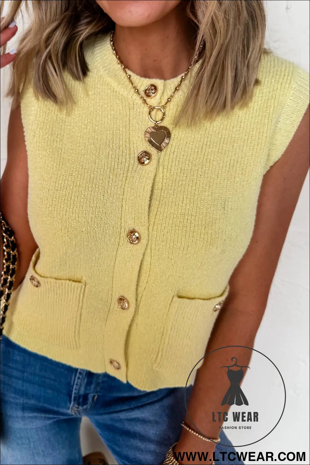 Yellow cream solid color sleeveless knit button pocketed sweater - yellow cream / l / 52% viscose + 26% polyester + 22%