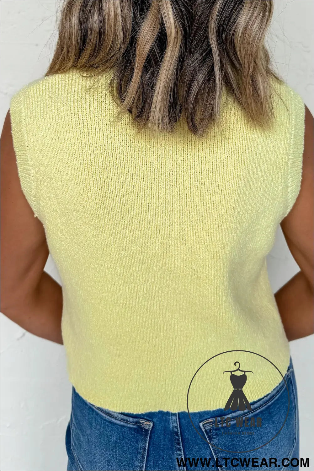 Yellow cream solid color sleeveless knit button pocketed sweater - sweater vests