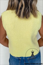 Yellow cream solid color sleeveless knit button pocketed sweater - sweater vests