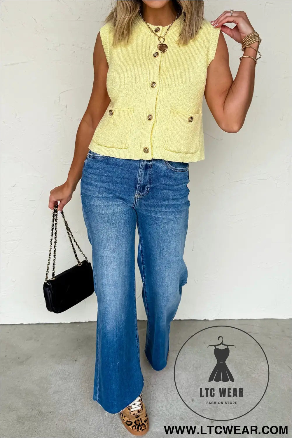 Yellow cream solid color sleeveless knit button pocketed sweater - sweater vests