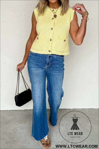 Yellow cream solid color sleeveless knit button pocketed sweater - sweater vests