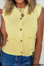 Yellow cream solid color sleeveless knit button pocketed sweater - sweater vests