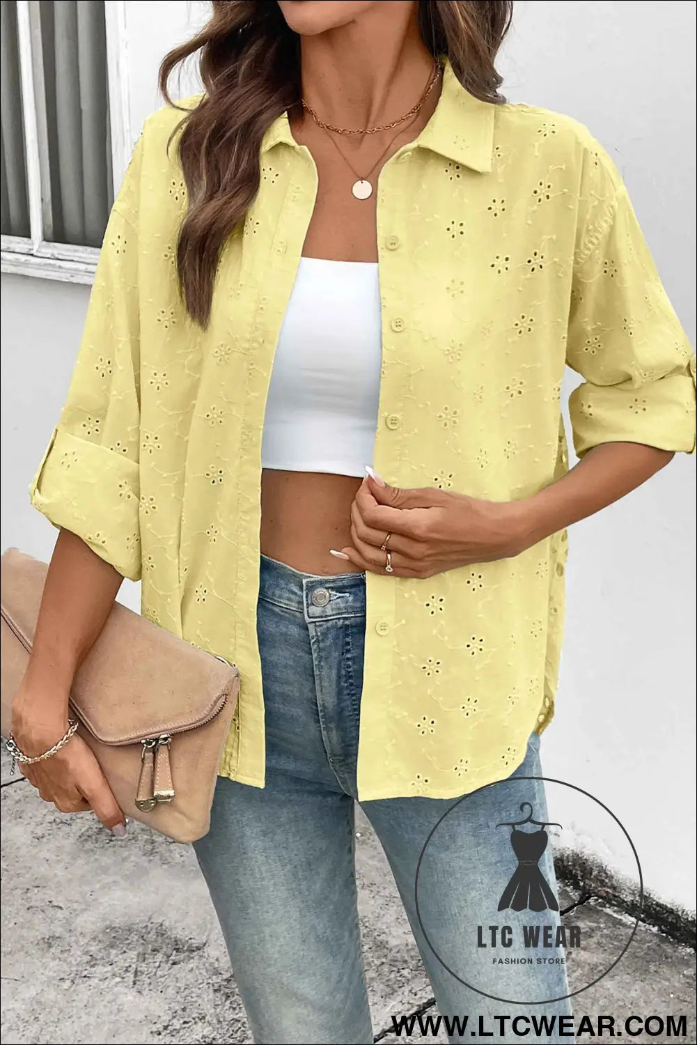 Yellow Cream Solid Eyelet Flower Pattern Button Down Loose Shirt