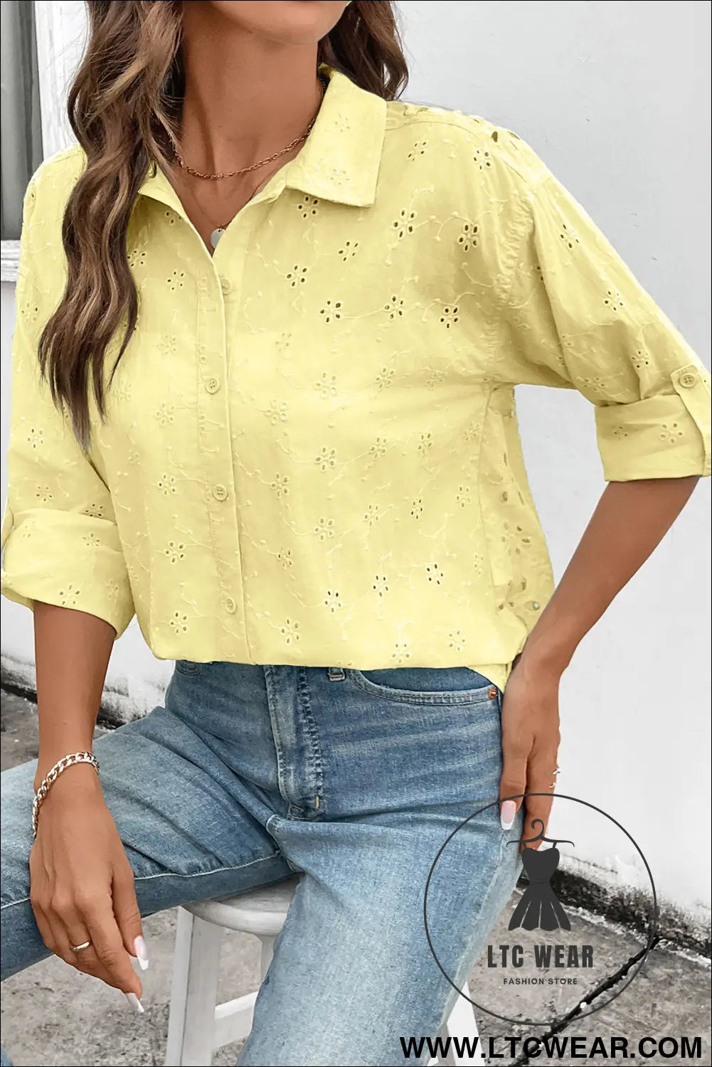 Yellow Cream Solid Eyelet Flower Pattern Button Down Loose Shirt - L.T.C Wear Online Fashion Store