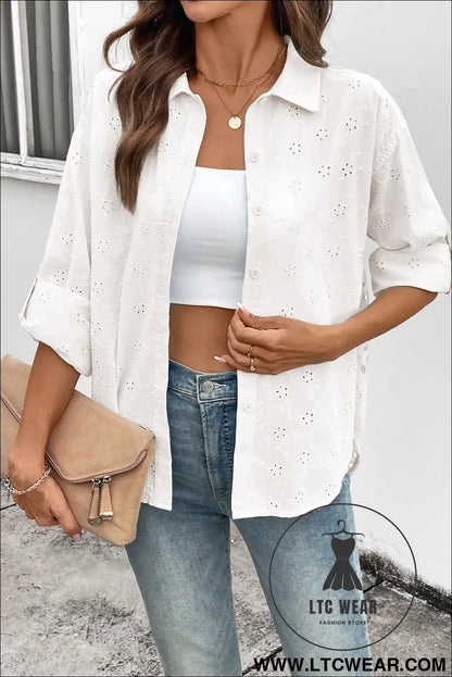 Yellow Cream Solid Eyelet Flower Pattern Button Down Loose Shirt - L.T.C Wear Online Fashion Store