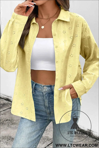 Yellow Cream Solid Eyelet Flower Pattern Button Down Loose Shirt