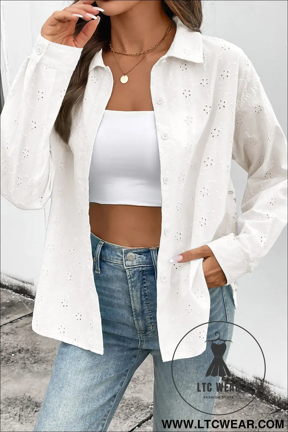 Yellow Cream Solid Eyelet Flower Pattern Button Down Loose Shirt - L.T.C Wear Online Fashion Store