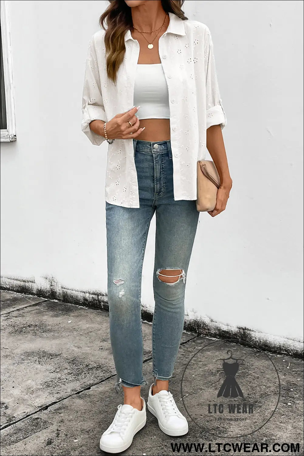 Yellow Cream Solid Eyelet Flower Pattern Button Down Loose Shirt - L.T.C Wear Online Fashion Store