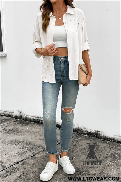 Yellow Cream Solid Eyelet Flower Pattern Button Down Loose Shirt - L.T.C Wear Online Fashion Store