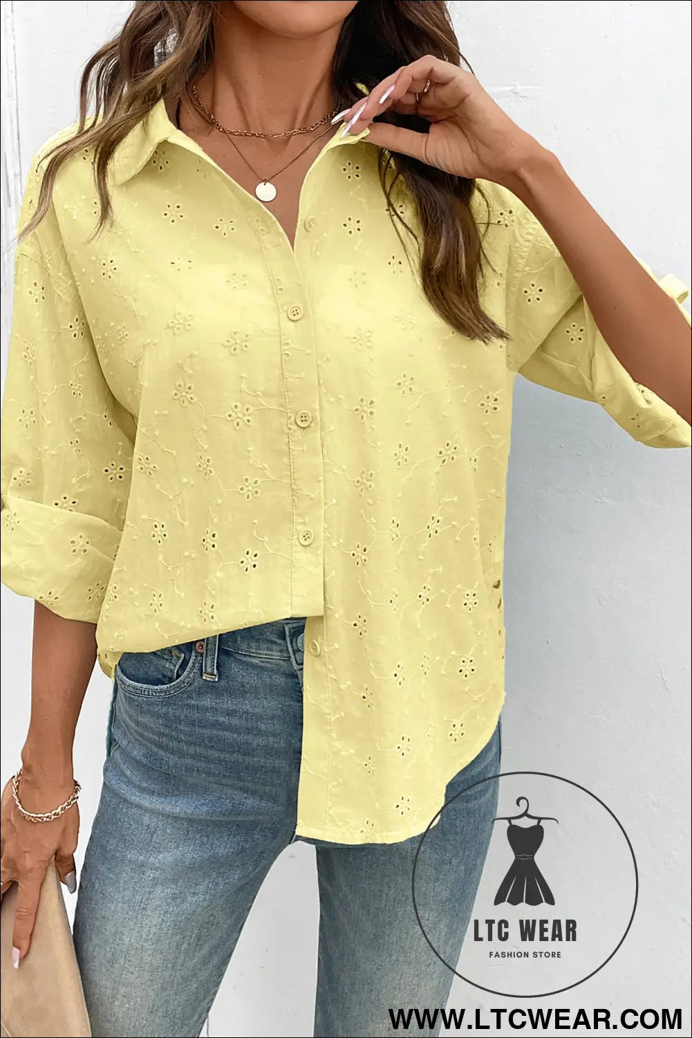 Yellow Cream Solid Eyelet Flower Pattern Button Down Loose Shirt - L.T.C Wear Online Fashion Store