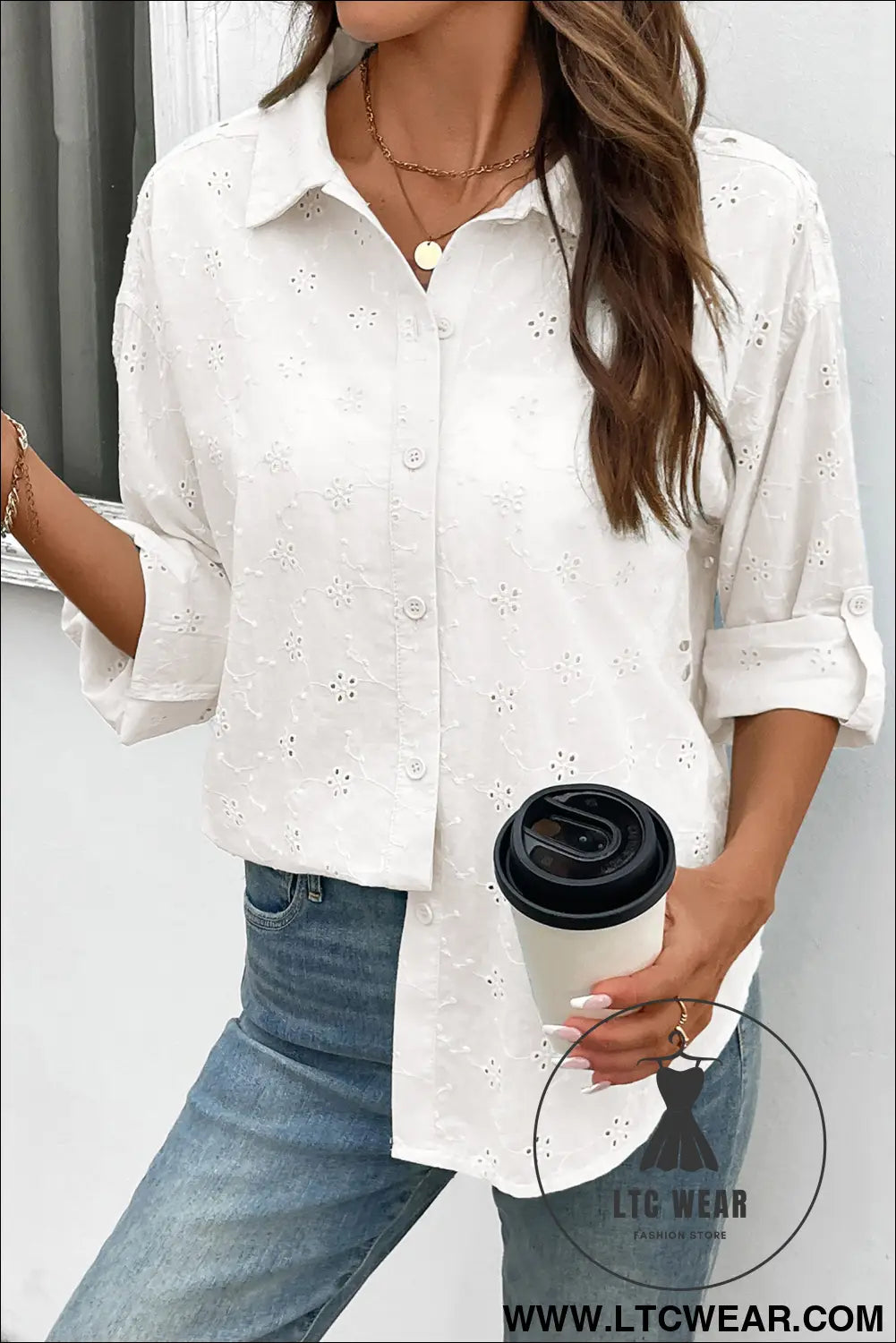 Yellow Cream Solid Eyelet Flower Pattern Button Down Loose Shirt - L.T.C Wear Online Fashion Store