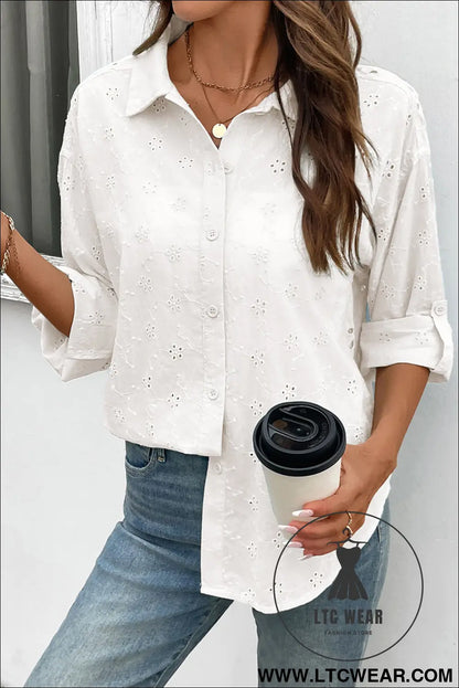 Yellow Cream Solid Eyelet Flower Pattern Button Down Loose Shirt - L.T.C Wear Online Fashion Store