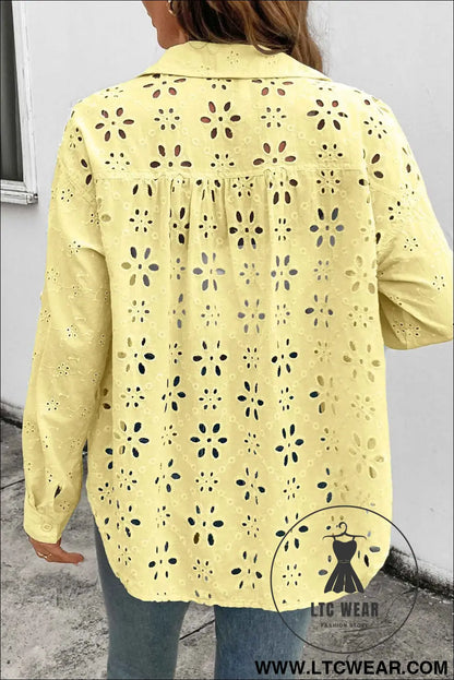 Yellow Cream Solid Eyelet Flower Pattern Button Down Loose Shirt