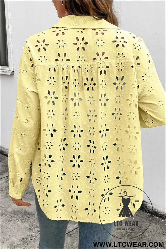 Yellow Cream Solid Eyelet Flower Pattern Button Down Loose Shirt