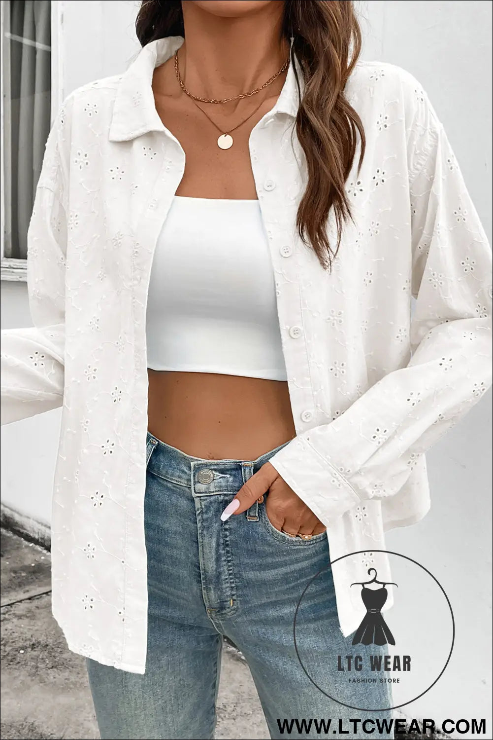 Yellow Cream Solid Eyelet Flower Pattern Button Down Loose Shirt - L.T.C Wear Online Fashion Store