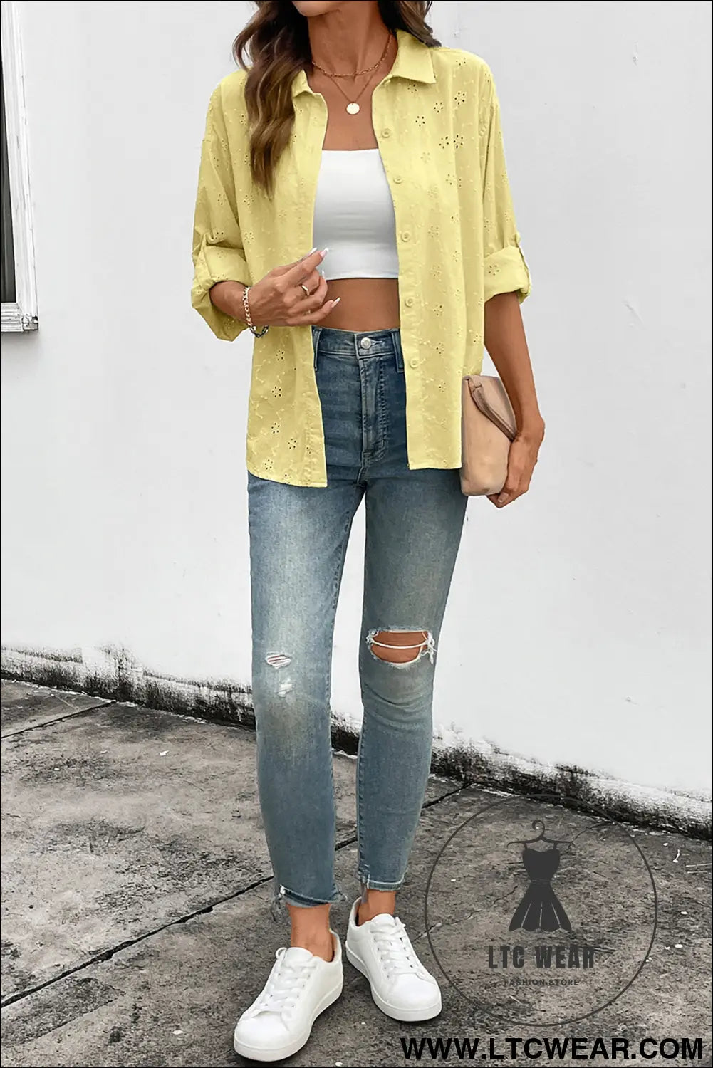 Yellow Cream Solid Eyelet Flower Pattern Button Down Loose Shirt - L.T.C Wear Online Fashion Store