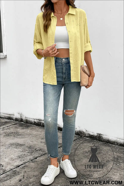 Yellow Cream Solid Eyelet Flower Pattern Button Down Loose Shirt - L.T.C Wear Online Fashion Store