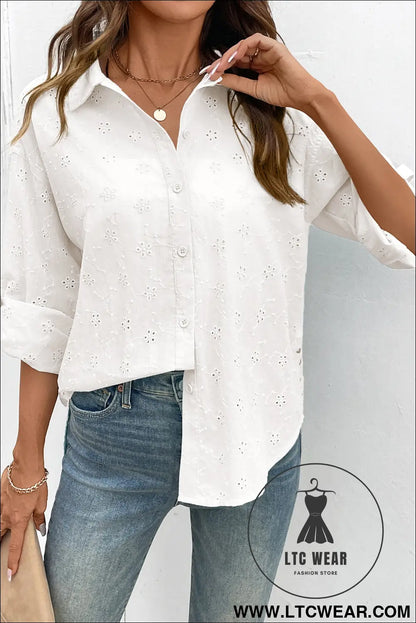 Yellow Cream Solid Eyelet Flower Pattern Button Down Loose Shirt - L.T.C Wear Online Fashion Store