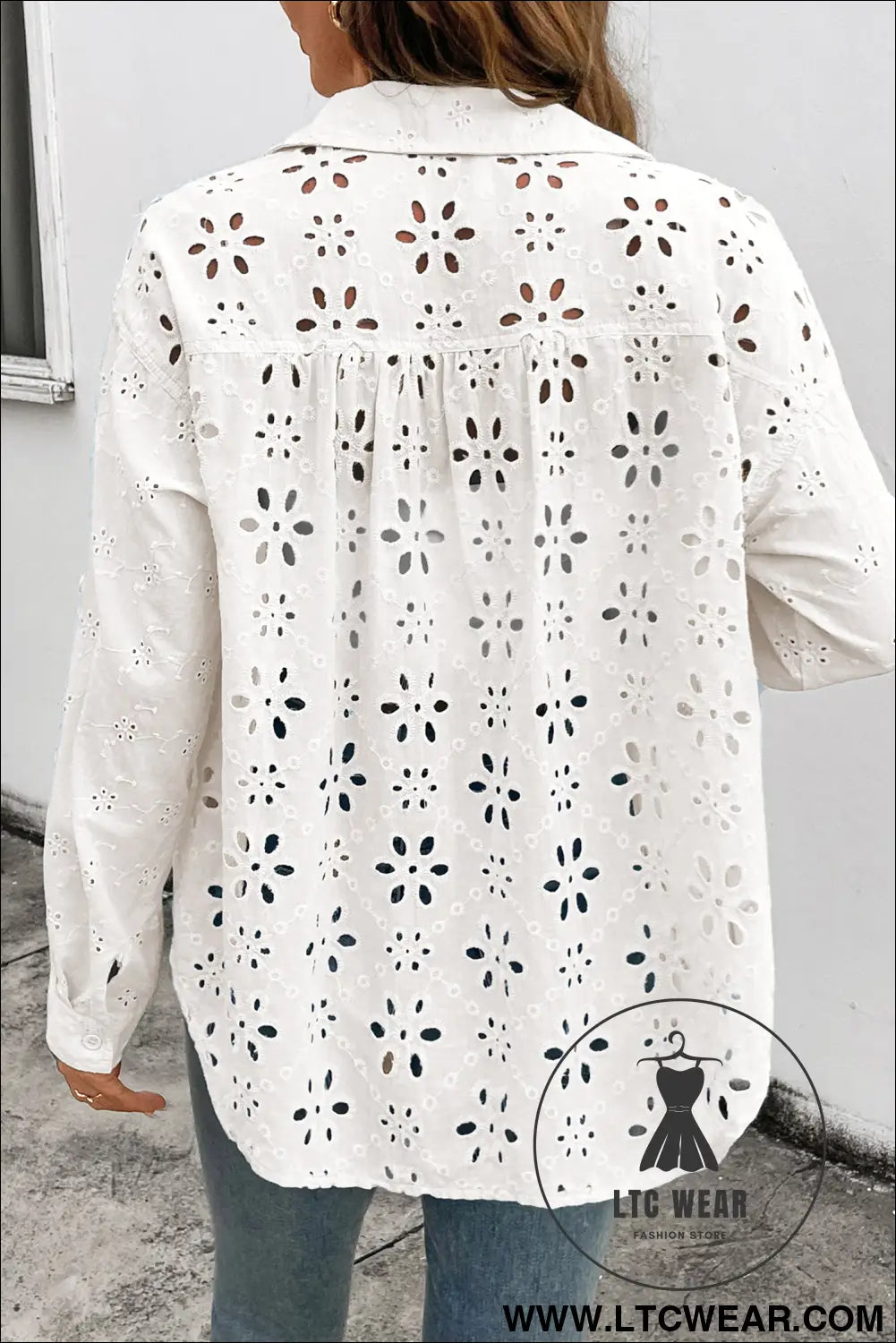 Yellow Cream Solid Eyelet Flower Pattern Button Down Loose Shirt - L.T.C Wear Online Fashion Store