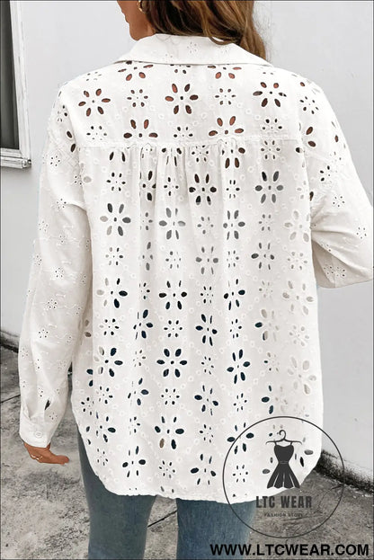 Yellow Cream Solid Eyelet Flower Pattern Button Down Loose Shirt - L.T.C Wear Online Fashion Store