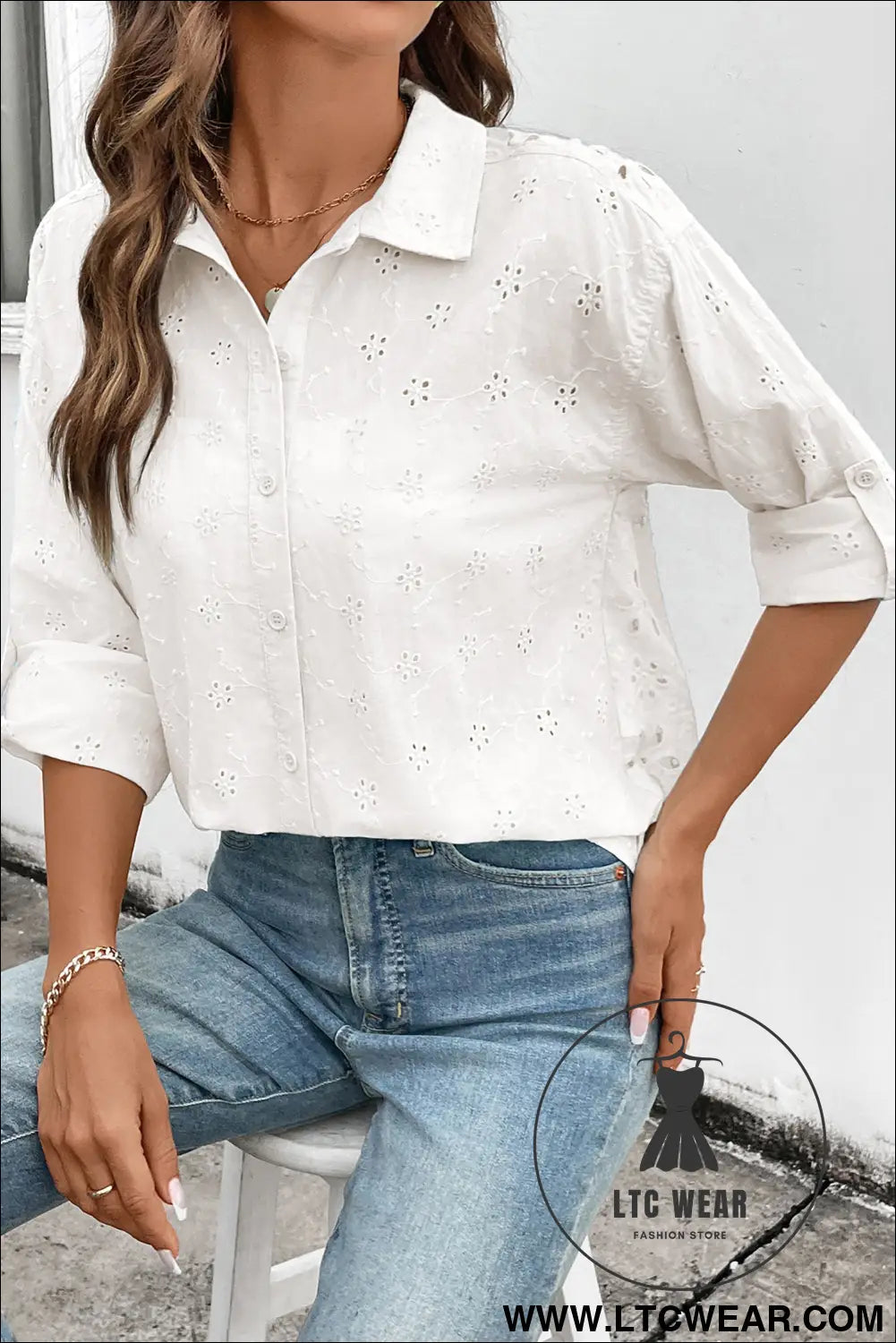 Yellow Cream Solid Eyelet Flower Pattern Button Down Loose Shirt - L.T.C Wear Online Fashion Store