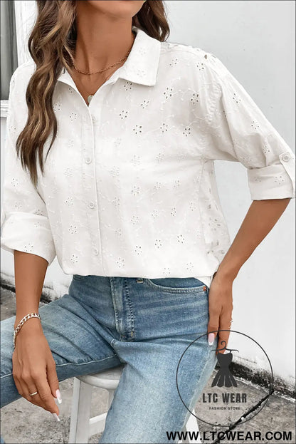 Yellow Cream Solid Eyelet Flower Pattern Button Down Loose Shirt - L.T.C Wear Online Fashion Store