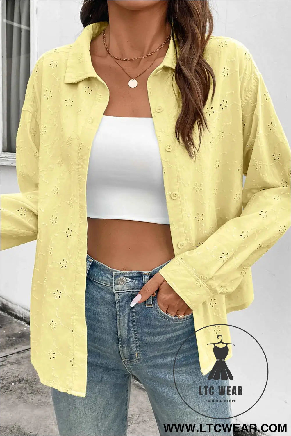 Yellow Cream Solid Eyelet Flower Pattern Button Down Loose Shirt
