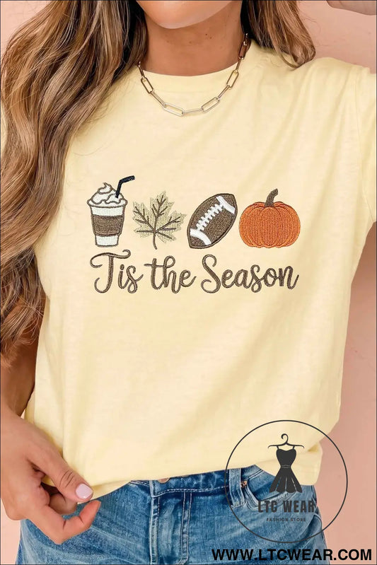 Yellow Cream Tis the Season Embroidered Fall Icons Casual Round Neck Tee