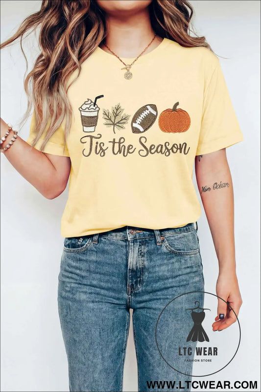 Yellow Cream Tis the Season Embroidered Fall Icons Casual Round Neck Tee