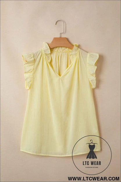Yellow Cream V Neck Ruffle Trim Sleeveless Shift Top