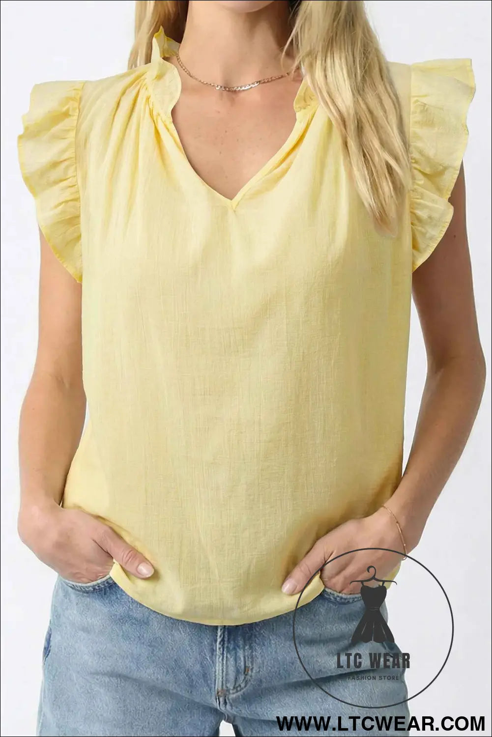 Yellow Cream V Neck Ruffle Trim Sleeveless Shift Top