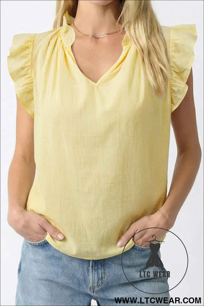 Yellow Cream V Neck Ruffle Trim Sleeveless Shift Top
