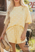 Yellow exposed seam detail polka dot loose tee drawstring shorts set - yellow / l / 95% polyester + 5% elastane - short