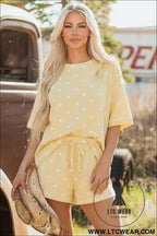 Yellow exposed seam detail polka dot loose tee drawstring shorts set - short sets