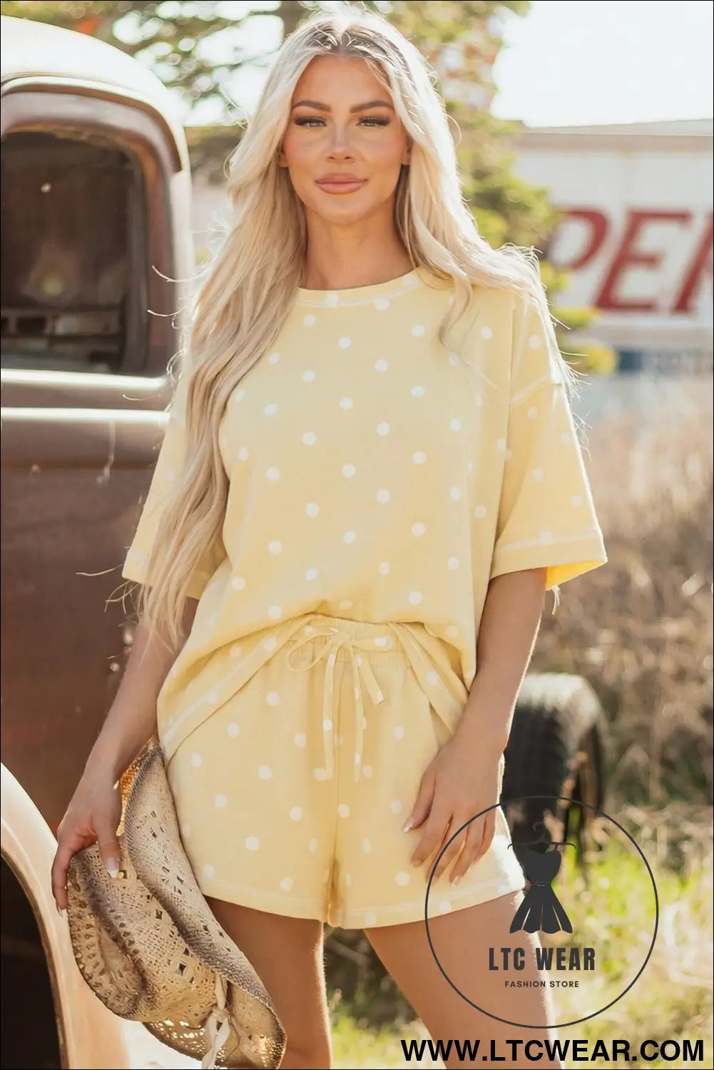 Yellow exposed seam detail polka dot loose tee drawstring shorts set - short sets