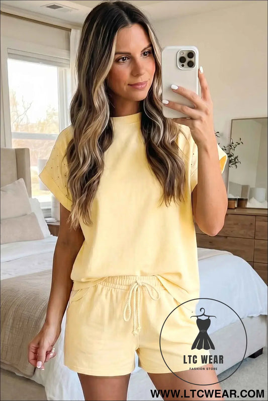 Yellow  Eyelet Lace Patchwork Sleeve Short 2pcs Outfit